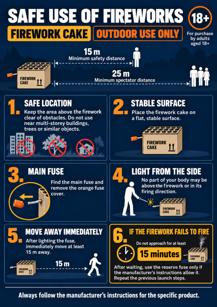 Firework cake safety guide: placement, fuse ignition, safe distances and waiting time